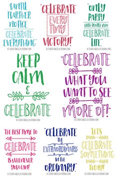 some type of lettering that is in different colors and font styles, with the words celebrate written