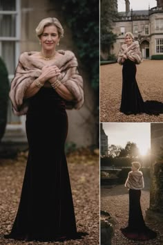 a woman in a long black dress and fur coat posing for pictures with her hands on her chest