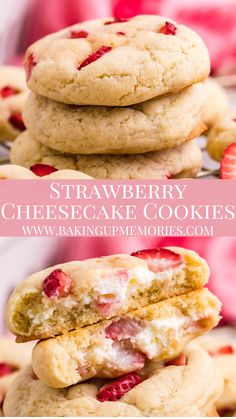 strawberry cheesecake cookies stacked on top of each other