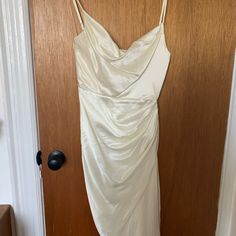 Size S House Of Cb White Satin Balcony Corset Dress Worn Once #Wedding #Bridal #Houseofcb White Ruched Satin Midi Dress, White Satin Ruched Dress, White Ruched Satin Dress, White Silk Sheath Dress, White Satin Midi Dress For Dinner, White Ruched Dress For Dinner, White Drapes, House Of Cb Dresses, House Of Cb