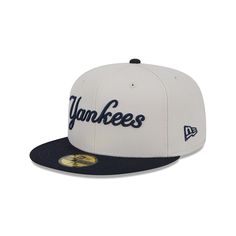 The New York Yankees Coop Logo Select 59FIFTY Fitted Cap features an embroidered Yankees wordmark at the front panels with a matching alternate team wordmark above a Cooperstown MLB Batterman logo at the rear. Additional details include a 1951 World Series patch at the right-wear side, a navy visor, and a gray undervisor. Baseball Season Flat Brim Cap With Letter Patch, Baseball Season Fitted Hat With Letter Patch, Baseball Season Snapback With Embroidered Logo, Snapback Fitted Hat With Embroidered Logo For Baseball Season, Baseball Season Logo Baseball Cap With Flat Bill, Snapback Fitted Hat With Embroidered Logo For Fans, Embroidered Logo Fitted Hat For Baseball Season, Embroidered Logo Baseball Cap For Fan Gear, Embroidered Logo Baseball Cap For Fans