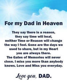 a card with the words for my dad in heaven and an image of a blue sky