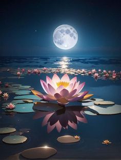 a large pink flower floating on top of a lake under a full moon filled sky