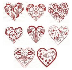 six heart designs are shown in red and white