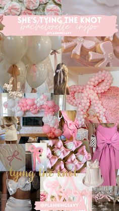 a collage of photos with pink and white balloons, bows, and other items