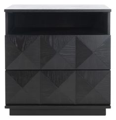 a black cabinet with geometric design on the front and bottom drawers, it is made out of wood