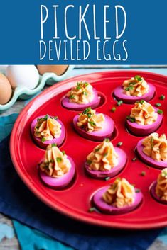 the deviled eggs are stuffed with various toppings