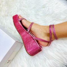 Fuchsia Rhinestoned All Over Platform Lace Up Sandal. Price Is Firm! Also In Black. Pink Vibes, Girly Shoes, Lace Up Sandals, New New, Platform Sandals, Women's Shoes Sandals, Something New, Shoes Sandals, Lace Up