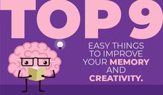 a cartoon brain reading a book with the words top 9 easy things to improve your memory and creativity