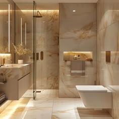 a modern bathroom with marble walls and flooring