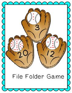 two baseball mitts with numbers on them and the words file folder game written below