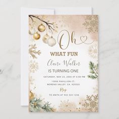 a white and gold christmas party card with the words oh, what fun class walker is turning