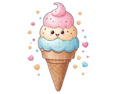 an ice cream cone with pink and blue icing on it's face, surrounded by hearts