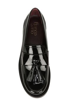 A patent finish lends shine to a tassel loafer crafted in part with recycled materials that sits atop a grippy sole for added durability. Synthetic upper, lining and sole Imported Black Glossy Finish Loafers With Round Toe, Loafer Women, Tassel Loafers, Franco Sarto, Loafers For Women, Recycled Materials, Nordstrom Rack, Loafers, Nordstrom