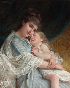 a painting of a woman holding a baby in her lap and looking at the camera