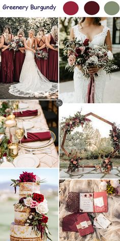 the wedding color scheme is red, green and burgundy