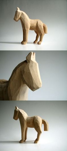 three different views of the same wooden horse