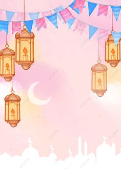 there are many lanterns hanging from the ceiling with buntings on it and flags in the background