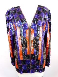 "This is a stunning statement piece! This evening jacket is fully embellished with sequins all over in a retro design. It's in excellent condition! Bust - 40\" (there is 1 hook closure) Shoulders - 16\" Sleeves - 24\" Top to Bottom - 27\" All of my items come from a smoke-free and pet-free home. If you have any questions, please don't hesitate to ask!" Glamorous Holiday Embellished Outerwear, Glamorous Embellished Outerwear For Holiday, Glamorous Embellished Outerwear For Festive Occasions, Festive Glamorous Sequin Outerwear, Festive Sequined Evening Outerwear, Festive Evening Outerwear With Sequins, Embellished Holiday Outerwear For Evening Events, Holiday Evening Embellished Outerwear, Vintage Embellished Festive Outerwear