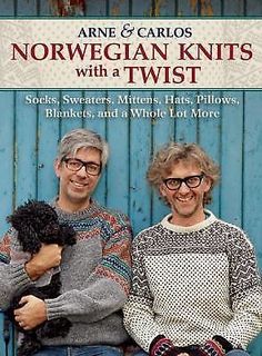 two men sitting next to each other on a bench with the cover of norwegian knits with a twist