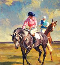 two jockeys riding horses in an open field