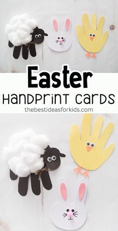 easter handprint cards with bunny, sheep and chicken on them for kids to make