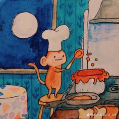 a drawing of a monkey cooking in a kitchen