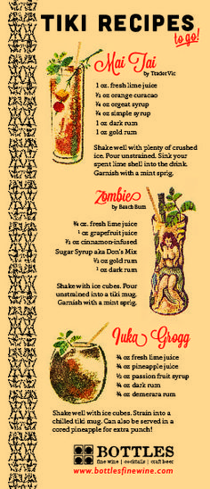 the menu for tiki recipes is shown in black and white lettering on an orange background