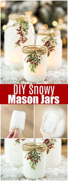 mason jars decorated with christmas decorations and lights are shown in different ways to make them look like