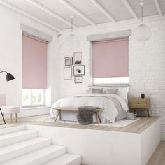 a bedroom with pink roller shades on the windows and white brick walls, along with steps leading up to a bed