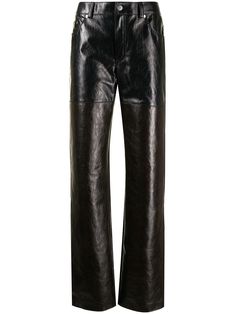 black/chcolate-brown calf leather two-tone design colour-block panelled design high-waisted belt loops front button and zip fastening classic five pockets Peter Do, Bell Bottom Pants, Colour Block, Pants Straight, Grey Leather, Pants Black, Straight Leg Pants, Bell Bottoms, Bottoms Pants