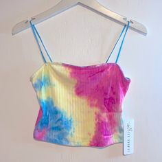 Brand New Pink,Yellow, & Blue Tye Dye Cami Crop Top Size Medium Crop Tops Colorful, Trendy Multicolor Tops With Rainbow Print, Multicolor Stretch Summer Crop Top, Trendy Fitted Multicolor Crop Top, Fitted Multicolor Crop Top Tank, Fun Cotton Crop Top For Spring, Rainbow Sleeveless Fitted Top, Rainbow Fitted Sleeveless Top, Fitted Rainbow Sleeveless Top