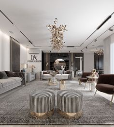 an elegant living room with modern furniture and chandelier