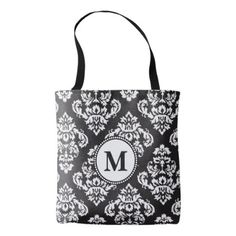 Black and White Print  Pattern Monogram Tote Bag - elegant gifts gift ideas custom presents Black And White Tote Bags, Monogram Tote Bags, Bag Elegant, Monogram Tote, Elegant Styles, White Tote, Elegant Gifts, Black And White Print, Monogram Gifts