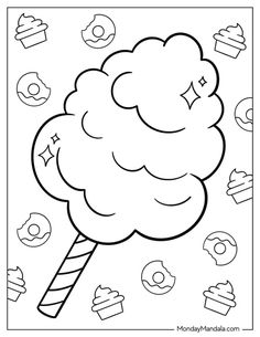 a coloring page with an ice cream cone and donuts