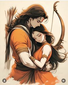 a man and woman hugging each other while holding an arrow