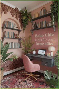 a pink chair sits in front of a desk with bookshelves and plants on it