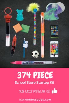 an assortment of school supplies with text overlay that reads, 37 + piece school store start up kit our most popular kit