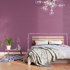 a bedroom with purple wallpaper and a bed in the middle, next to a rug