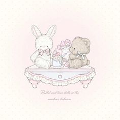 two teddy bears are sitting on a table with a teacup and cake in front of them