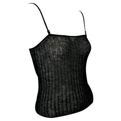 Presenting a black knit spaghetti strap Gucci tank top, designed by Tom Ford. From the Spring/Summer 1998 collection, this stunning tank top features a square neckline and moveable metal branded charms attached to the straps. Not your average tank top, this Gucci by Tom Ford tank is a must-have for Tom Ford Gucci lovers and collectors alike. Approximate measurements: Size - Medium 20" shoulder to hem 32" - 38" bust 30" - 40" waist 67% wool, 33% nylon Farfetch Gucci Top, Luxury Designer Black Tops, Luxury Black Designer Tops, Luxury Black Tank Top, Luxury Black Cami Tank Top, Luxury Party Tops With Tank Straps, Luxury Women's Spaghetti Strap Halter Top, Elegant Fitted Luxury Tank Top, Luxury Chic Tops With Spaghetti Straps