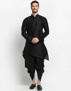 Black Kurta Dupion Silk Dhoti Black Embroidered:Arabic Attire Dhoti Top, Traditional Dress For Boy, Kurta With Dhoti, Men Sherwani, Wedding Suit Styles, Black Kurta, Slim Fit Coat, Men's Kurta, Kurta Pyjama