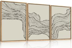 three framed artwork pieces with black and white lines on them, each depicting an abstract wave