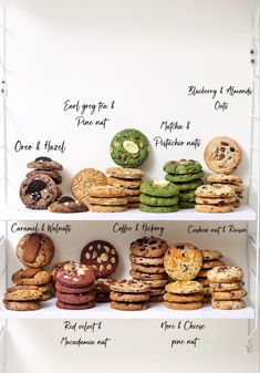 a white shelf filled with lots of different types of cookies