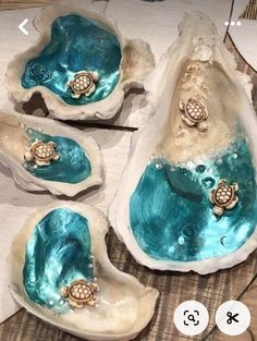 three sea shells with turtles in them on a table