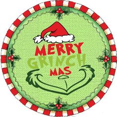 a green and red christmas plate with the words merry grini mas written on it