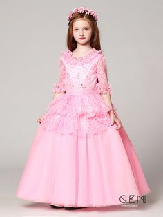 Flower Girl Dresses Long Sleeves Lace Pink Ball Gown Flower Girl Dress with Jacket Delicate Gown, Regal Style, Dresses Long Sleeves, Kids Party Wear Dresses, Long Flower Girl Dresses, Kids Party Wear, Pink Ball Gown, Dress With Jacket, Baby Dress Design