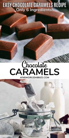 chocolate caramels in a glass jar with the text easy chocolate caramel recipe only 6 ingredients