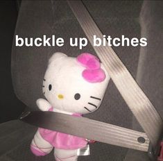 a hello kitty stuffed animal in the back seat of a car