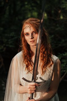 Woman With A Knife, Holding Swords Reference Pose, Women With Swords, White Tulle Fabric, Woman With Red Hair, Lace Dress White